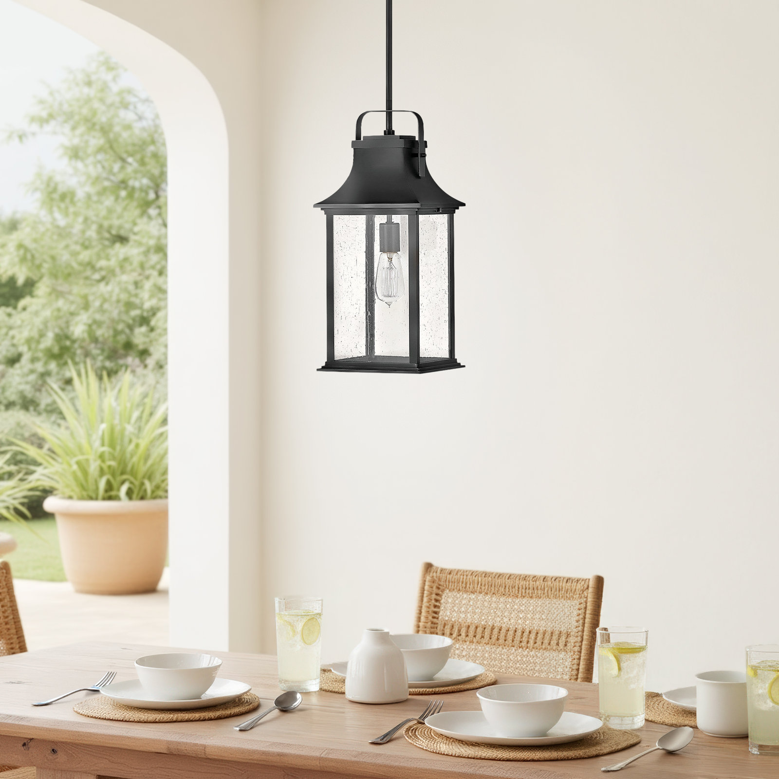 Sereia Seeded Outdoor Hanging Lantern, Black