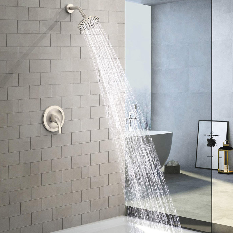 Wall - Mounted Single Handle 6 Functions Shower Faucet With Included Valve And Head, Adjustable Spray Pattern, 360° Joint, Holes For Cleaning, Brushed Nickel Plastic Construction Pattern Head Arm,