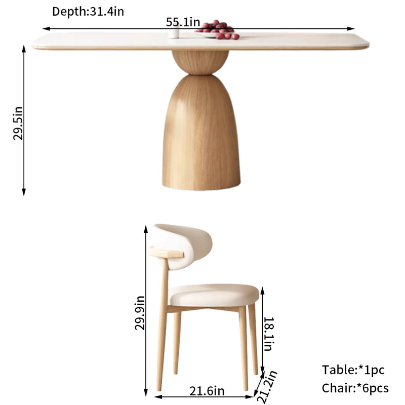 Cream Oak Rectangular Rock-Plate Table Chair Set 6 - Person Pedestal Dining Set, 29.5"H x 55.1"L x 31.4"W