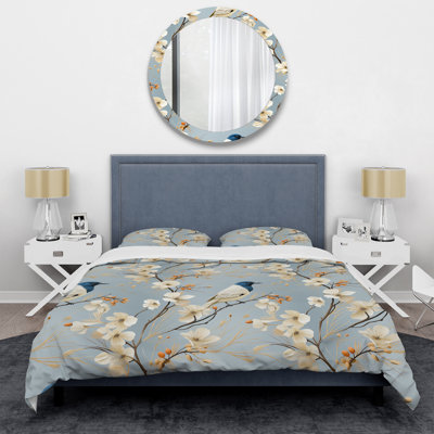 Minimalist Blue And White Bird Paradise Polyester Box Stitch Floral Duvet Cover Set