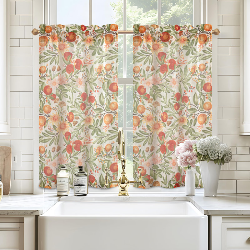 Kitchen Curtains Orange Harvest Floral Linen Short Curtains Cafe for Living Room Bathroom Autumn Fall Printed Patterned Vintage Rod Pocket 2 Panels Orange Coral Gold
