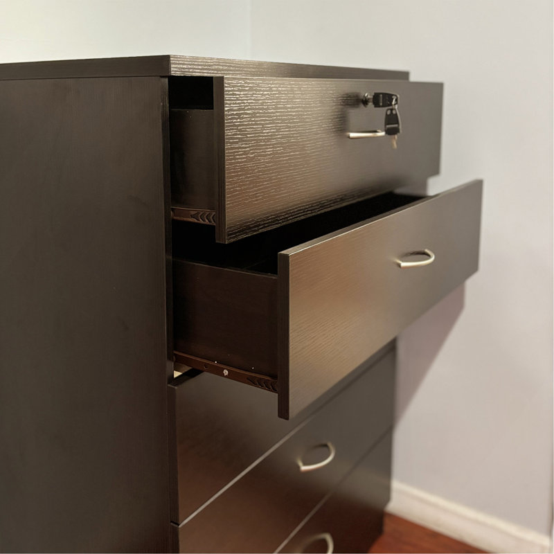 Five Drawer Chest Metal Handles Locking Top Drawer Metal Glide Rails Red Cocoa Espresso Melamine Laminate, Espresso
