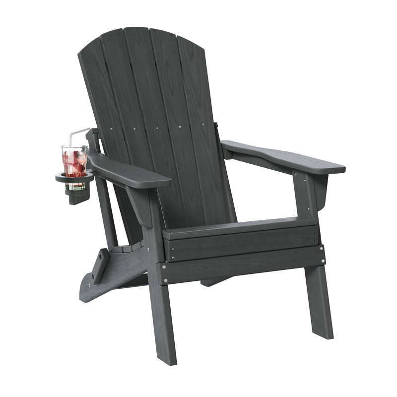 Outdoor Folding Adirondack Chair For Patio Fire Pit, Wooden Textured Hdpe Adjustable Chairs With Cup Holder, Waterproof All Weather Resistant Plastic For Pool Lawn Garden Backyard(Gray)