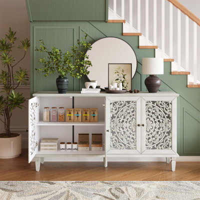 60 Inch Antique Buffet Cabinet With Floral Carvings, Solid Wood Legs, Adjustable Shelves, And Versatile TV Stand For 65+ Inch Tvs