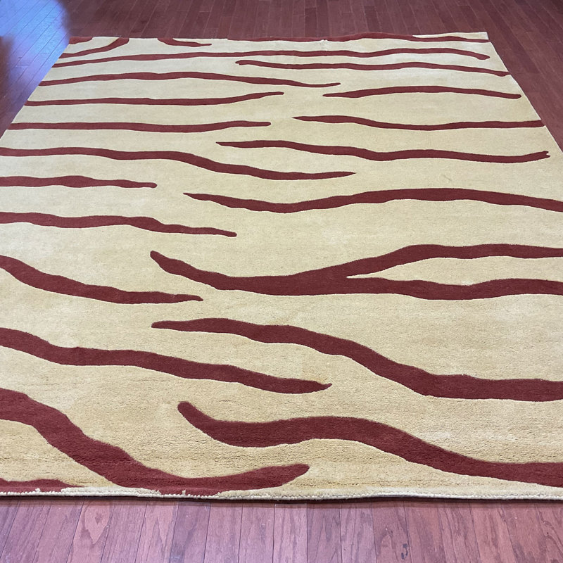 Tapis jaune / brun en laine touffeté à la main Indo, Rectangle 8 pi x 10 pi
