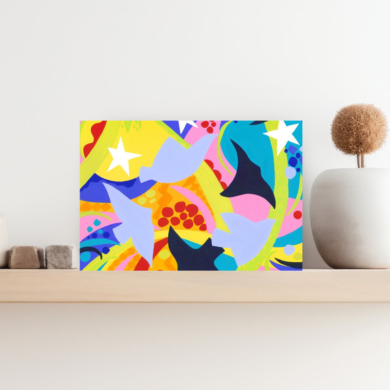 Birds And Stars Abstract Bold Colorful Bird Landscape Nature Wall Art Print 1 Piece Wrapped Canvas Wall Art