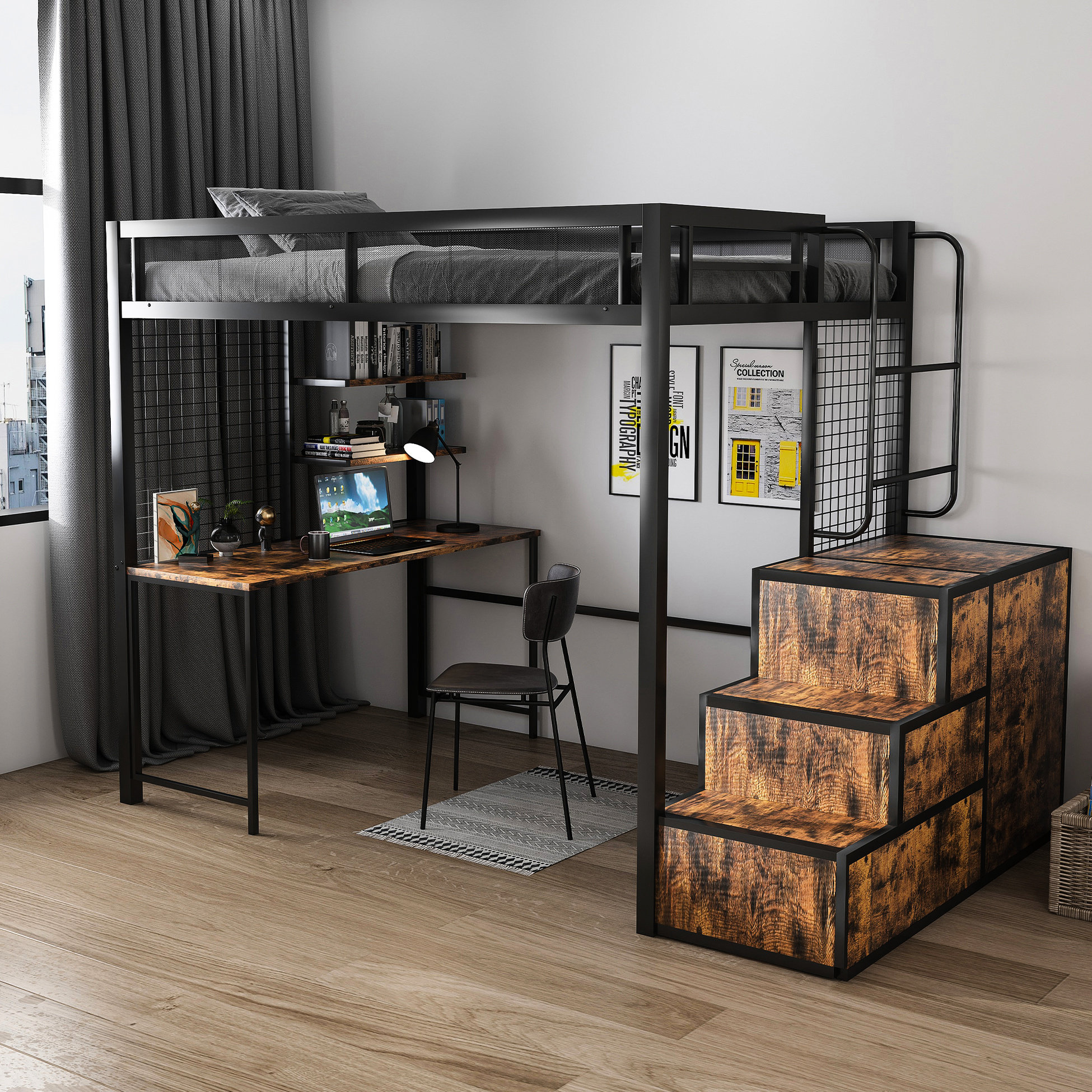 Latitude Run® Space Full Loft Bed With Hidden Storage And Staircase ...