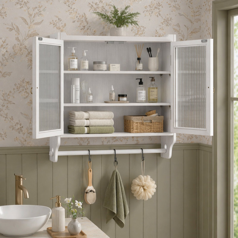 Armoire murale 24,8 po à deux portes avec trois niveaux de rangement et porte-serviettes