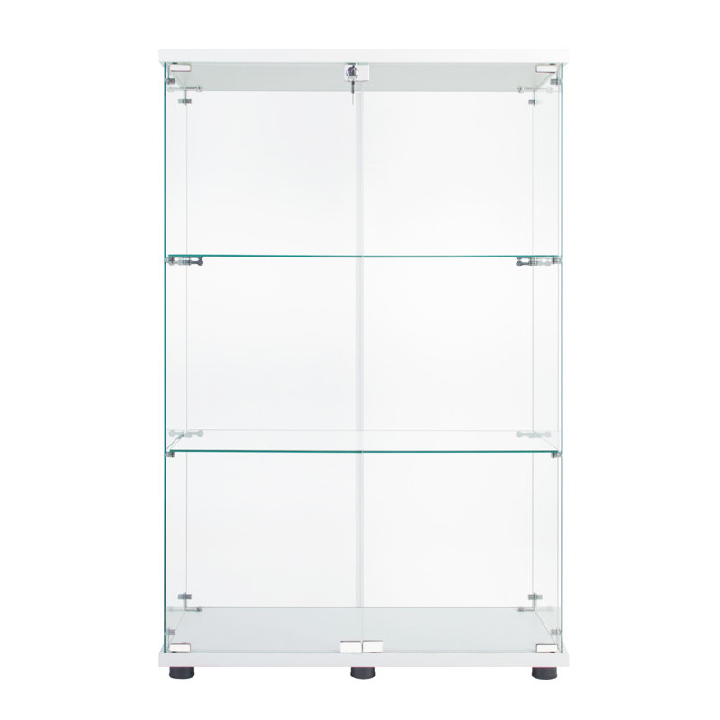 Élégante armoire en verre avec trois tablettes pour l'affichage et le rangement, polyvalente et fonctionnelle., White
