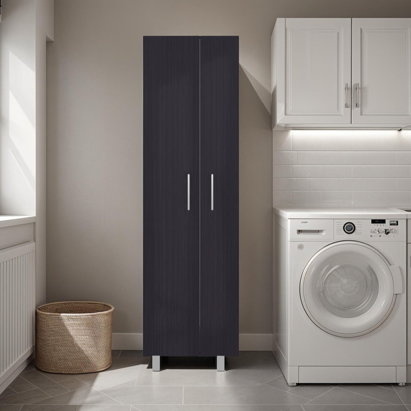Armoire à linge Brysyn de 181 cm de haut avec portes et étagères, meuble de rangement autoportant pour buanderie, Wengé noir