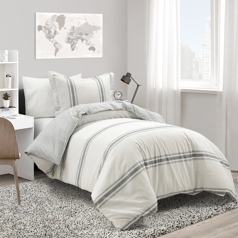 Gray Cotton Full/Queen Farmhouse Stripe Reversible Duvet Cover Set