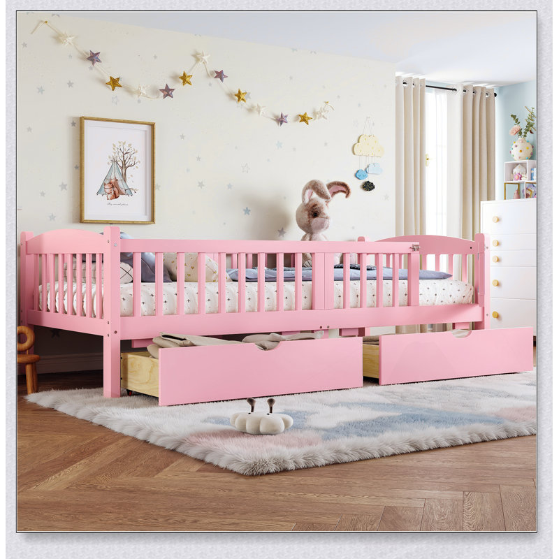 Lit plateforme simple TG pour enfants avec garde-corps pleine longueur, tiroirs de rangement et tête de lit mignonne pour la sécurité et l'organisation