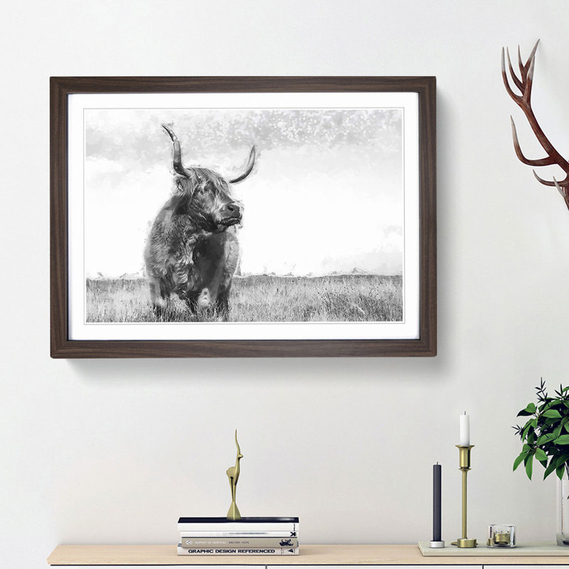 Highland Cow in Abstract - Framed Print, 36cm H x 48cm W x 2cm D, Walnut Framed