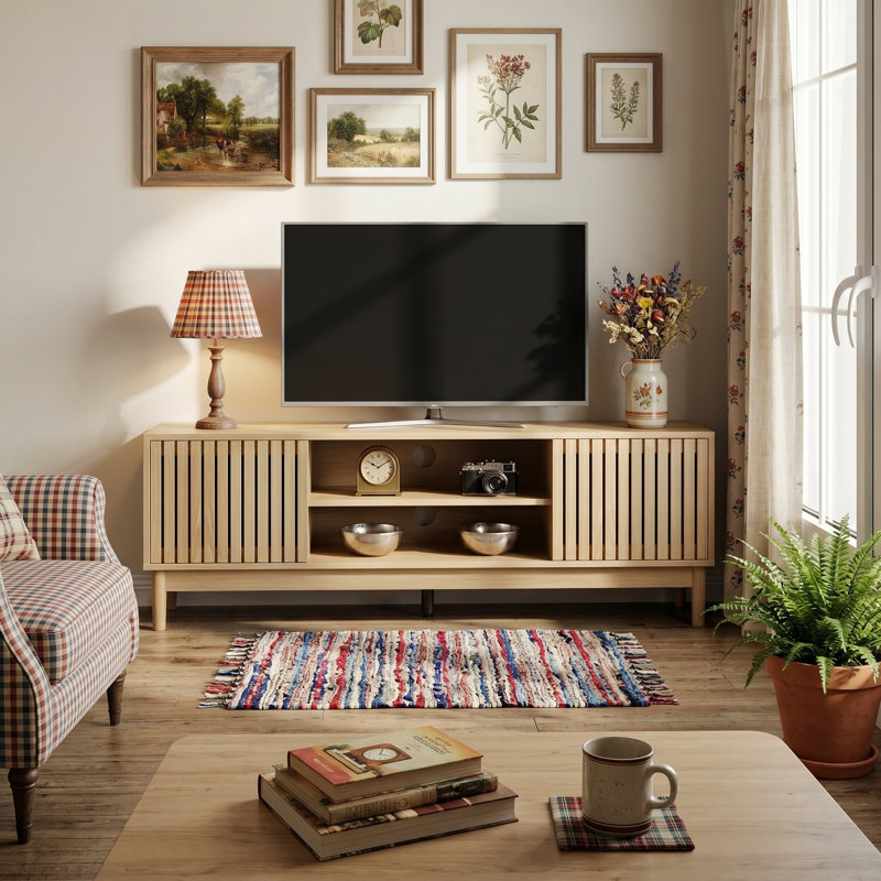 Meuble télé avec 2 portes et gestion des câbles, Naturel