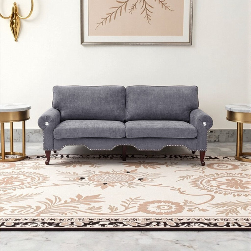Canapé classique Chesterfield 3 places - Accoudoirs roulés avec accents en cristal, Gris