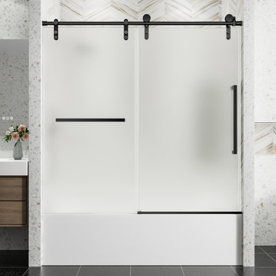 56 - Porte de baignoire coulissante entièrement sans cadre avec verre trempé transparent de 5/16 po (8 mm) et quincaillerie en acier inoxydable de 56 po x 60 po, noir mat, robuste et durable