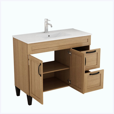 39.4" Natural Modern Freestanding Bathroom Vanity with Sink, 2 Doors & 2 Large Drawers, Black Metal Handles, Soft Close Hinges & Ceramic Basin