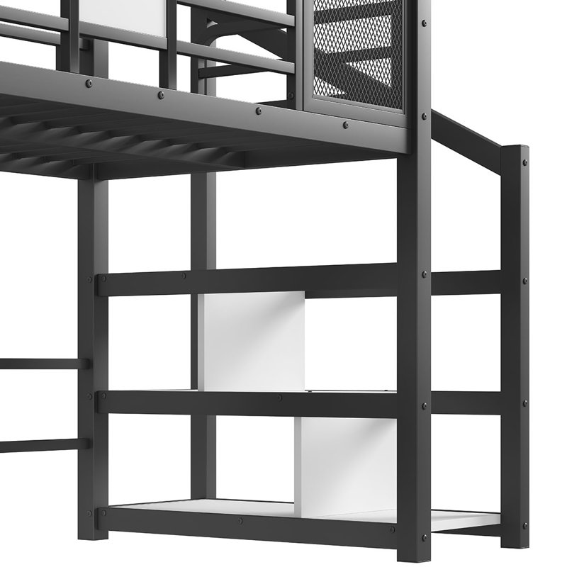 Lit mezzanine en métal avec glissade et escalier, structure silencieuse et tablettes de rangement avec toit de maison de jeu