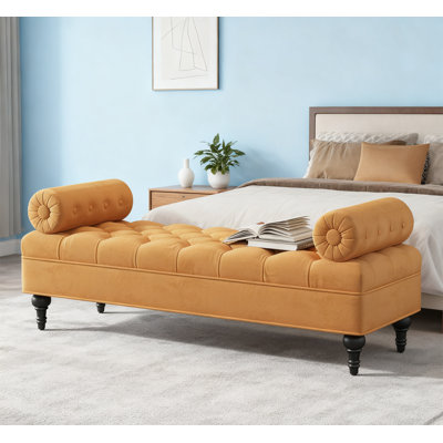 Velvet Upholstered Bench with 2 Detachable Pillows