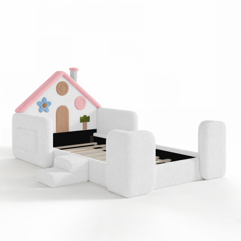Lit cabane rembourré en forme de maisonnette pour enfant, taille simple, structure en bois massif avec barrières de sécurité, blanc et rose