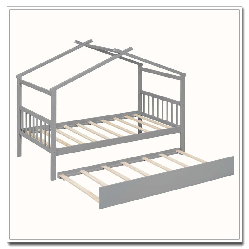Lit en bois avec lit gigogne simple, gris