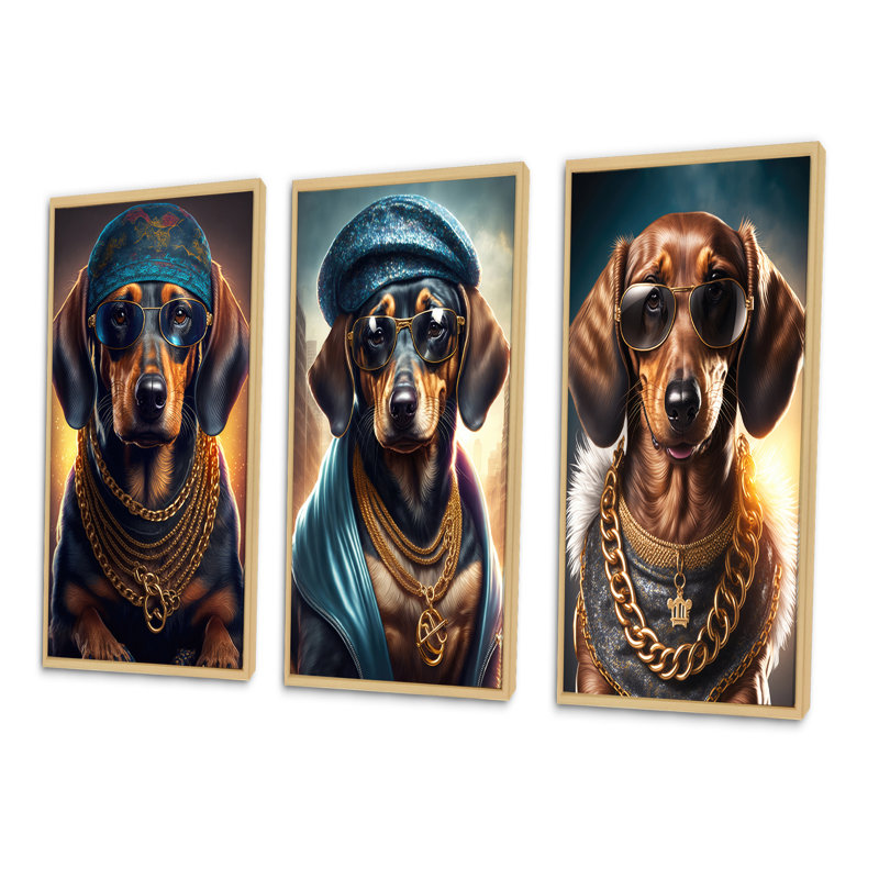 «Dachshund Gangster In NYC», 3 pièces sur toile, Naturel, H 28 po x l 36 po