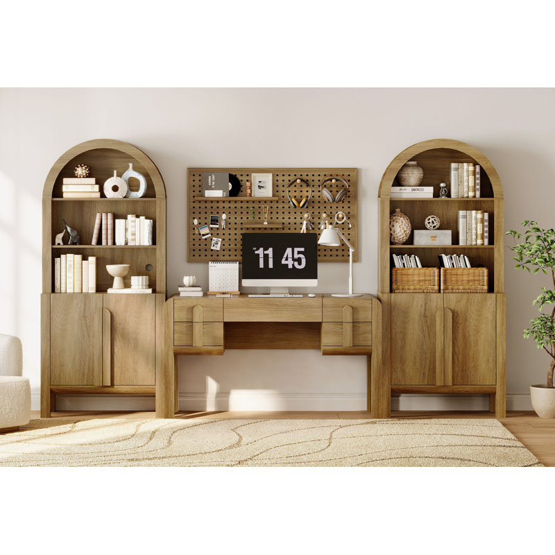 Home Office Set, 53.5" Modern Executive Desk With Charging Station And Drawers & 2 Piece 71"H Tall 5-Tier Arched Bookcases With Storage Cabinet For Living Room, Bedroom, Home Office
