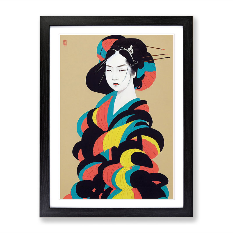 Colourful Geisha No.3 - Single Picture Frame Painting, 64cm H x 46cm W x 2cm D, Black