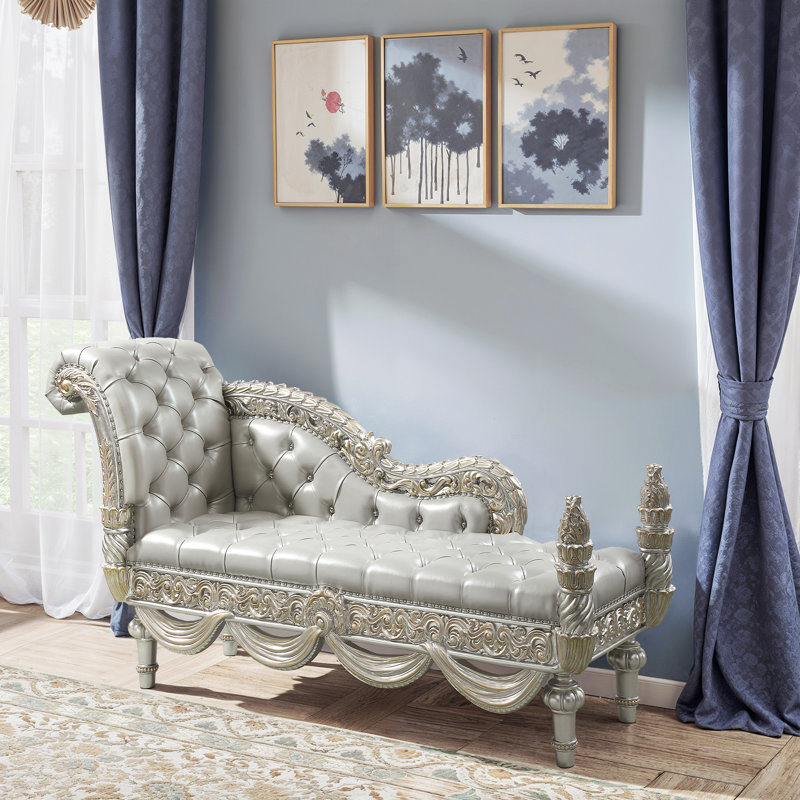 BENCH PU With Antique Silver Finish And Hand-Brushed Gold Accents, Featuring Rococo Scrolls And Floral Ornament Crowns, Button Tufted And Crystal-Like Buttons.