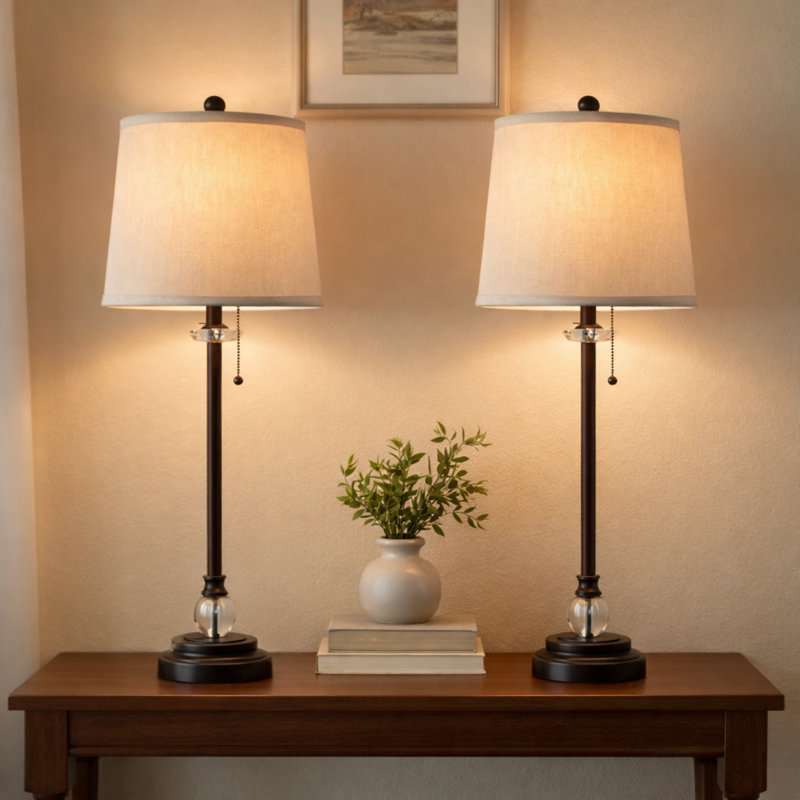 Royal Designs, Inc. 28" Buffet Table Lamps Set of 2, Oil-Rubbed Bronze Finish, Linen Beige Hardback Shades