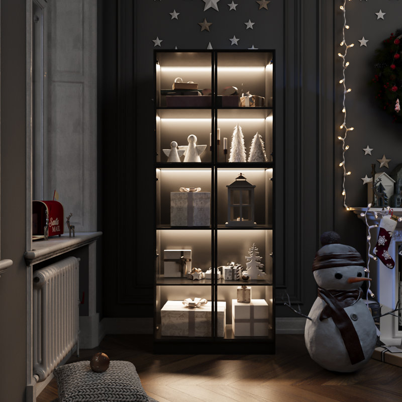 Display cabinet With  Glass Doors and LED lights, Black