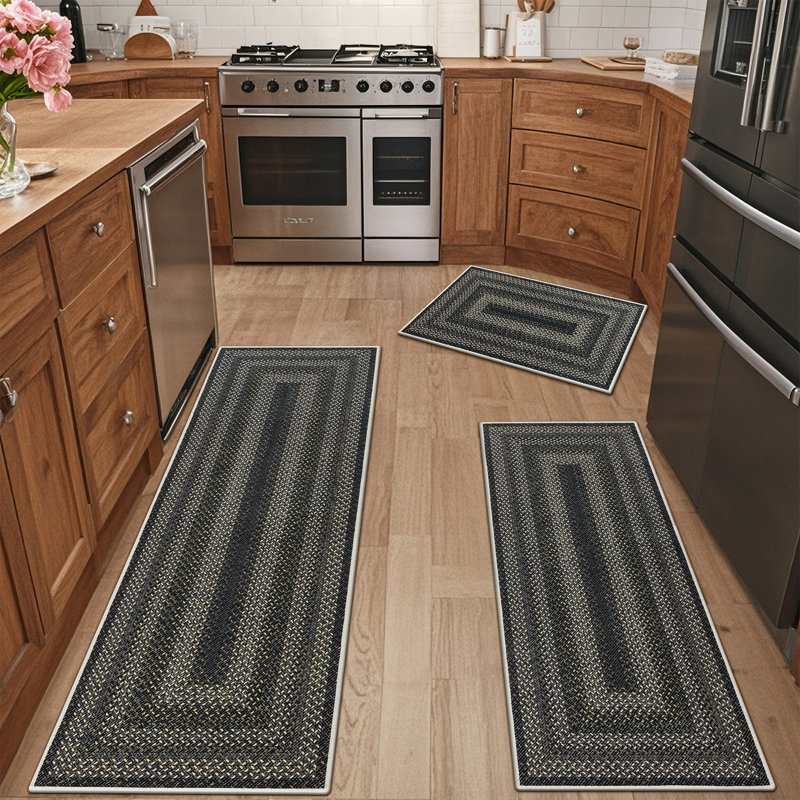 Machine Washable Kitchen Mat with Non-Slip Backing (Set of 3), Black;Gold