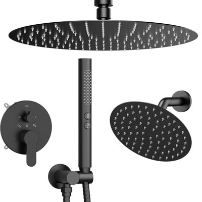 3 Way 12+6" Round Dual Rainfall Shower Head With Handheld Spray, Ceiling Mounted Rain Shower