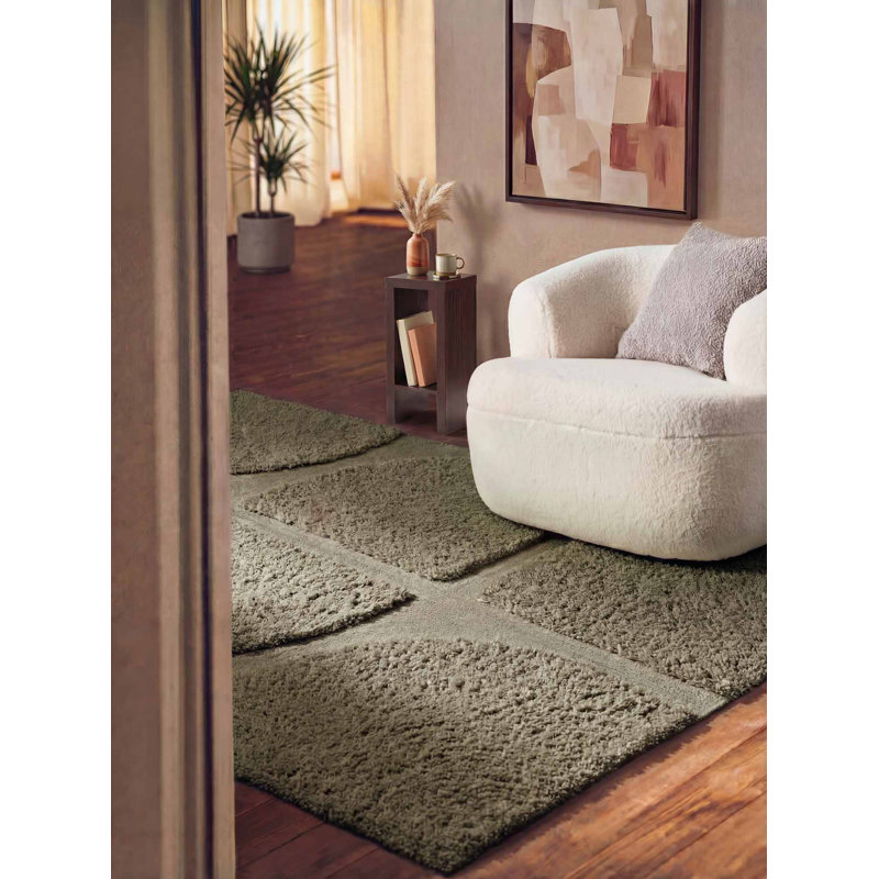 Geometric Hand Tufted Shag Area Rug, Rectangle 80 x 150 cm, Green