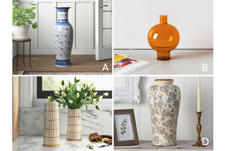 Collage depicting a traditional vase, a modern vase, a boho vase, and a farmhouse-style vase labeled A, B, C, or D.