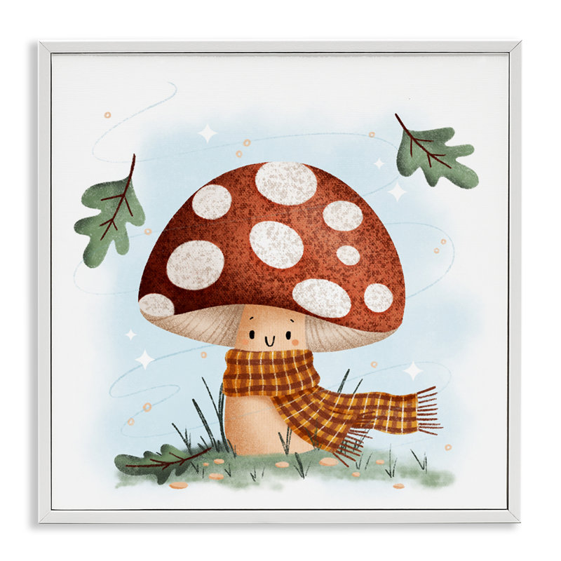 «Happy Mushroom in Scarf», dessin de Sarah Hickman, H 24 po x l 24 po, Giclée encadrée blanc bord de mer