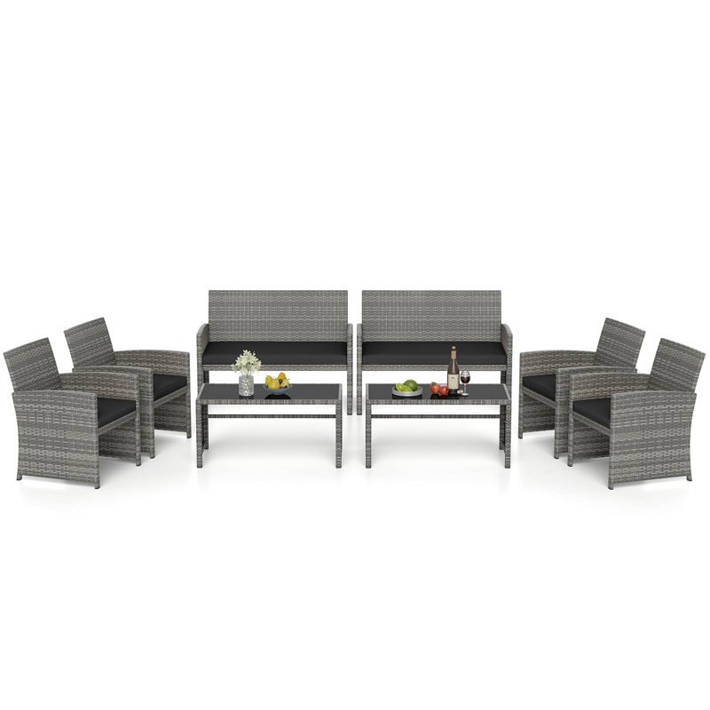 Ensemble de conversation d'extérieur en osier 8 pièces avec table basse en verre trempé, Noir