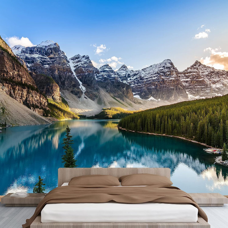 Vue de paysage de lac Moraine et chaîne de montagnes au coucher du soleil dans les montagnes Rocheuses canadiennes, peinture murale