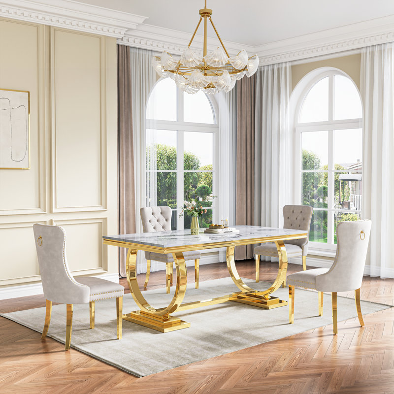 Rectangular 70.1"L X 35"W Dining Set, Blanc / Doré, 5 pièces: table, 4 chaises, Blanc / Doré