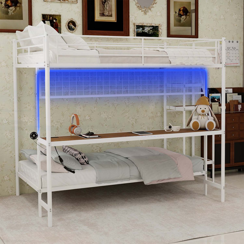 Lit superposé double au-dessus d'un lit double avec bureau intégré et éclairage à DEL - conception loft peu encombrante pour enfants et adolescents, structure robuste, assemblage facile, parfait pour les chambres à coucher et les dortoirs