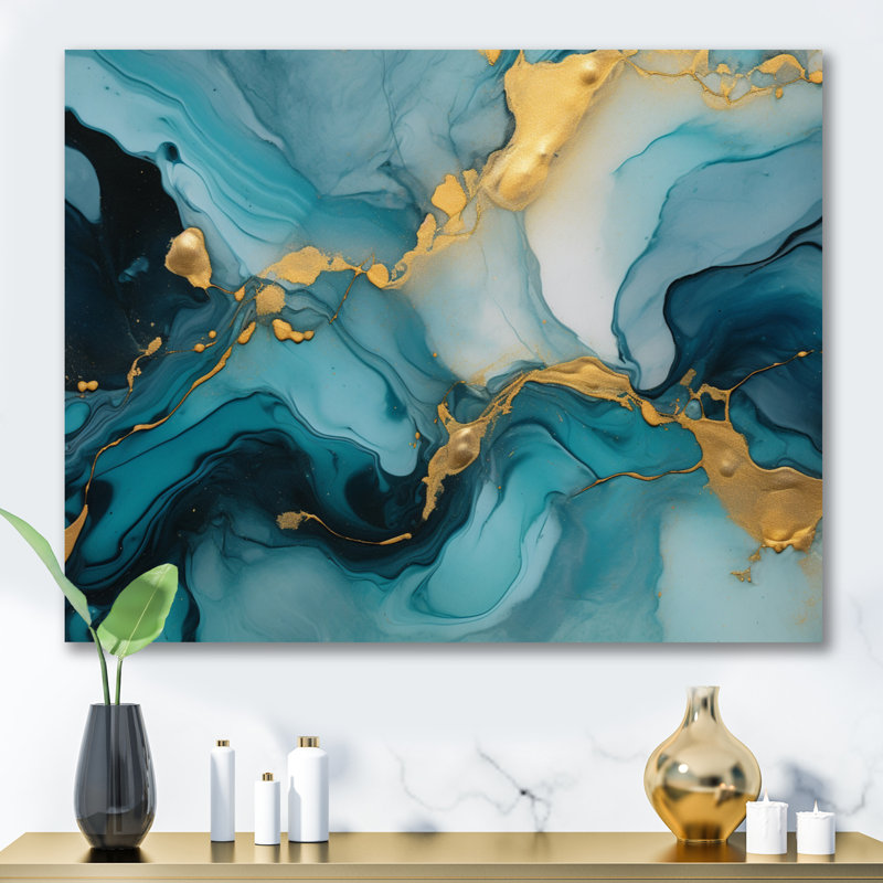 Turquoise doré infusé marbre II - fractales, art mural, Toile tendue, H 16 po x l 32 po x P 1 po
