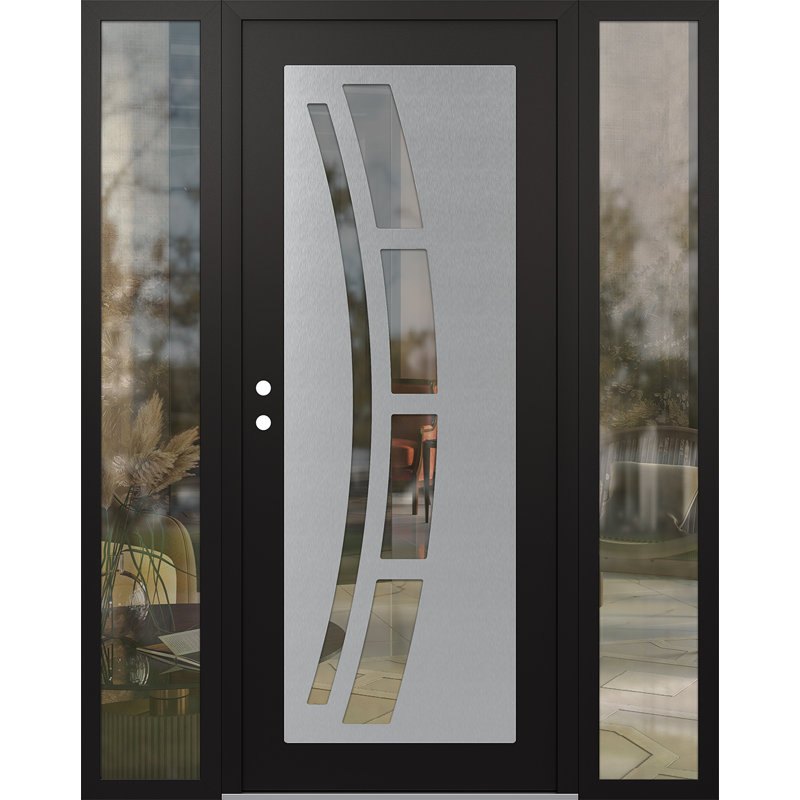 C12 60 po à droite X 80 po Panneau en acier argenté et verre transparent noir et noir avec 2 portes d'entrée avant en verre transparent à panneaux latéraux