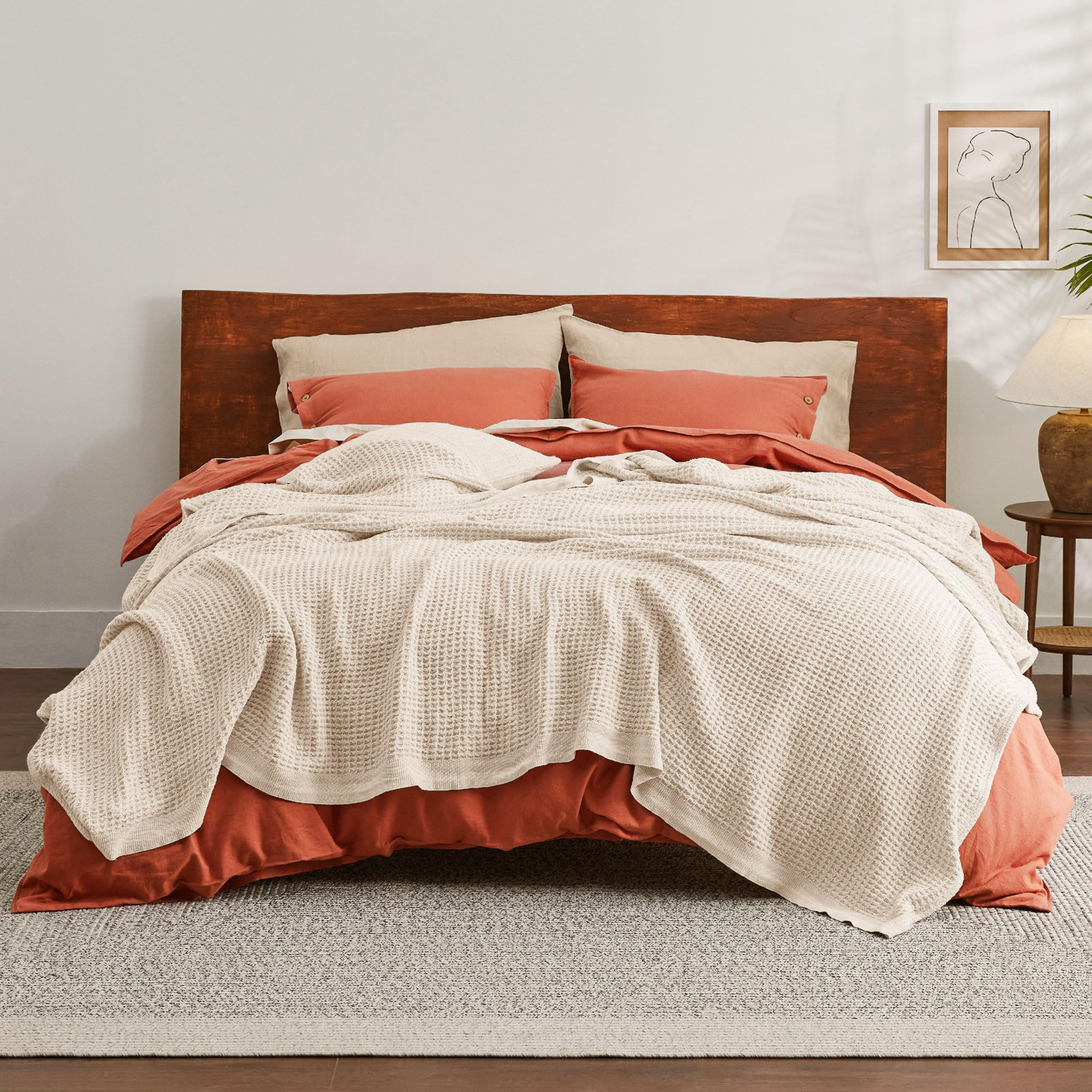 Bedsure Cotton Waffle Weave Throw Blanket, Queen, Mustard Yellow