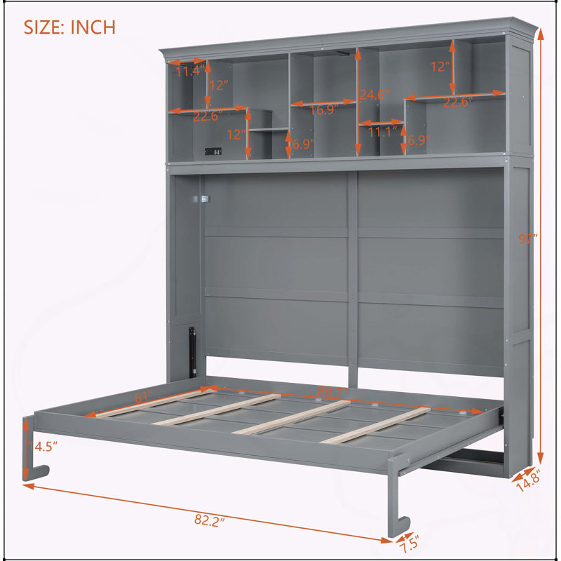 Grand lit escamotable mural avec tablettes supérieures et USB, gris