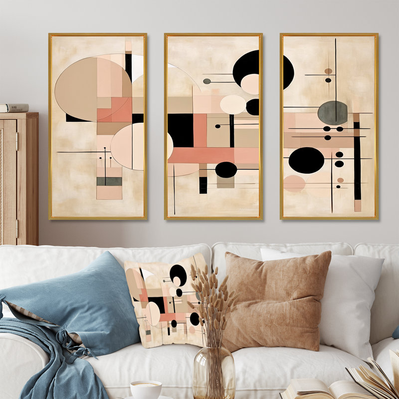 Cubisme beige et rose Synergy I - ensemble de décorations murales abstraites, Cadre flottant doré, H 40 po x l 60 po x P 1 po