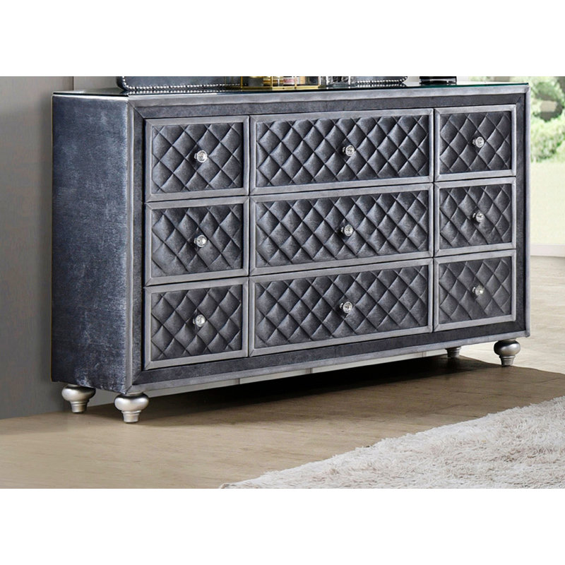 9-Drawer Dresser With Tempered Glass Top And Faux Crystal Drawer Knobs