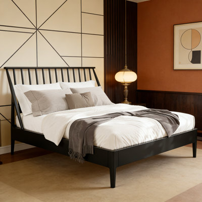 Mid-Century Modern Solid Bamboo Platform Bed with 46.5" Tall Spindle Headboard, Wooden Slats & Metal Support, No Box Spring Needed