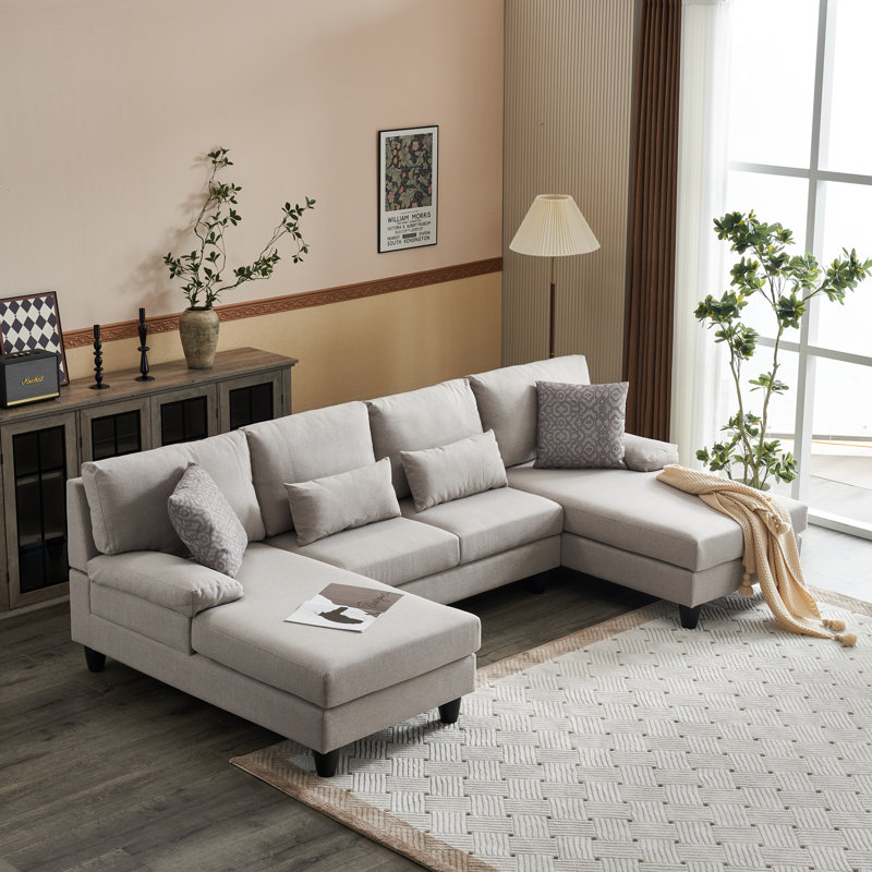Upholstered U-Shaped Sectional Symmetrical, Beige Linen Blend
