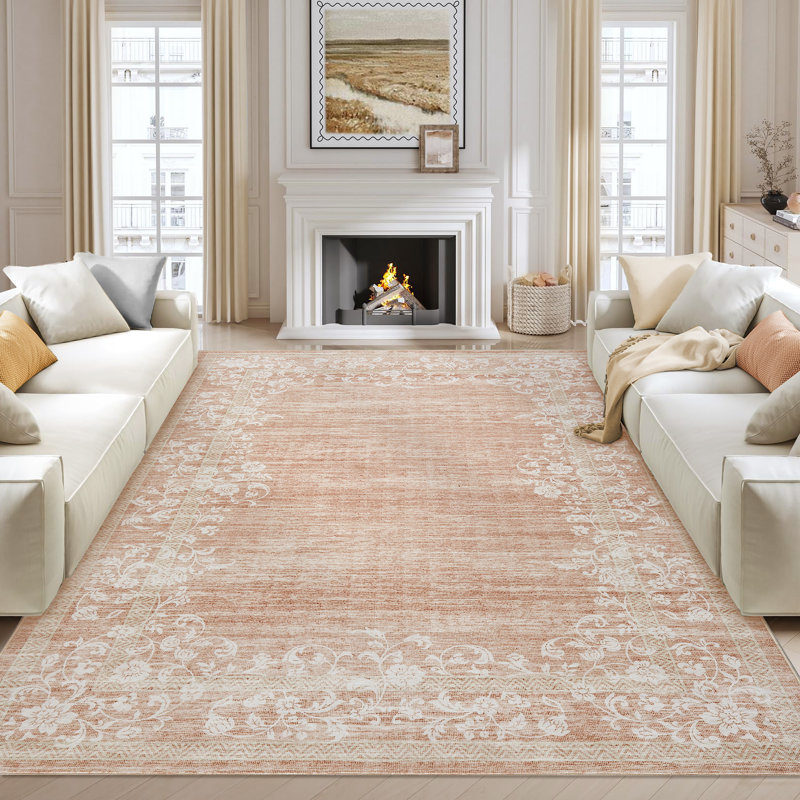 Machine Washable Non-Slip Rugs for Living Room Border Floral Vintage Distress Print Carpet Indoor Non-Shedding Rugs for Living Room Dining Room