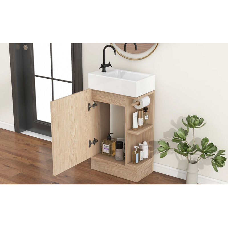 Meuble-lavabo 18,6 po avec lavabo, meuble-lavabo avec tablette à 2 niveaux, orienté vers la gauche ou vers la droite, Naturel
